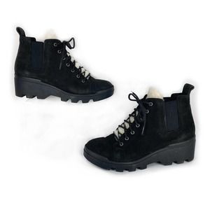 Eileen Fisher Calm Shearling Booties Black Suede Leather Chunky Wedge Boot 7.5